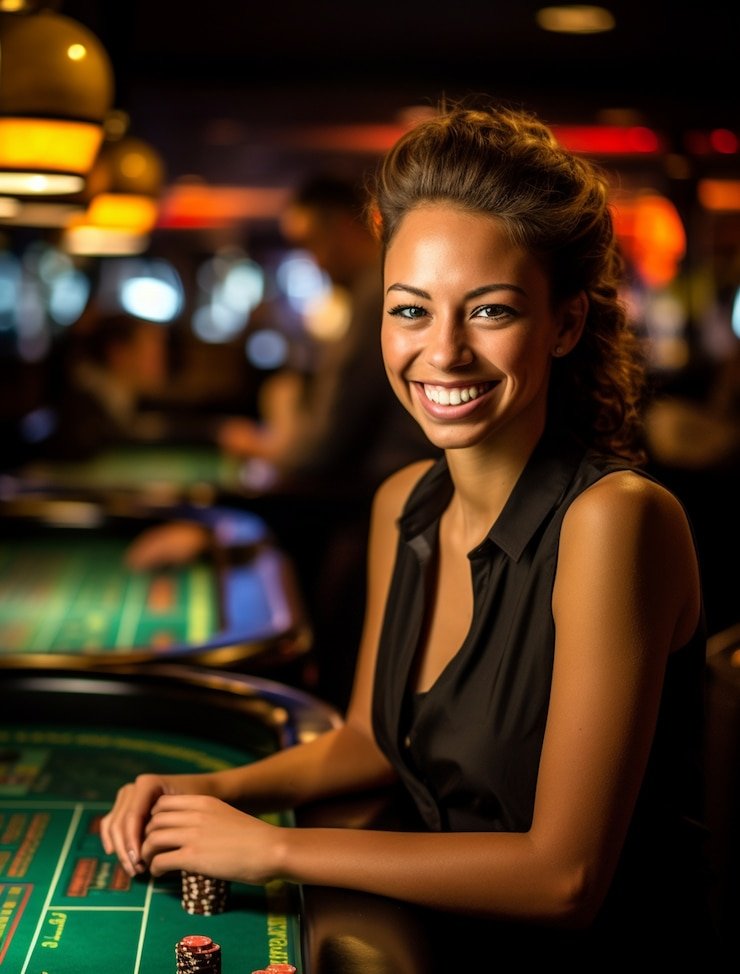 Live dealer at baccarat table with shoe and cards on felt